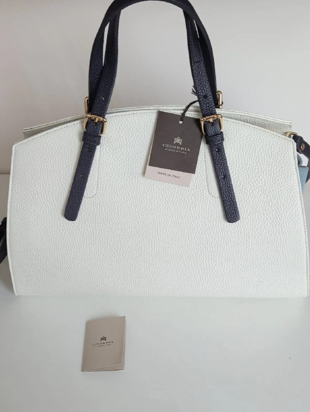 White Pebbled Satchel with Navy Trim by Vuchella